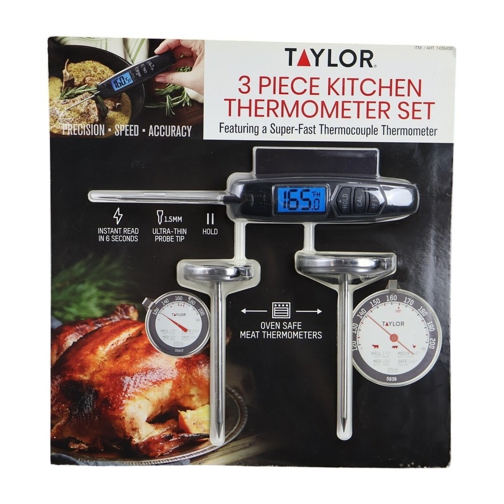 Taylor 3 Piece Kitchen Thermometer Set Digital Oven Safe Meat Probes Silver